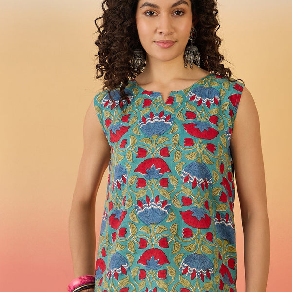InWeave Teal Red Floral Block Print W/S Top - Distacart