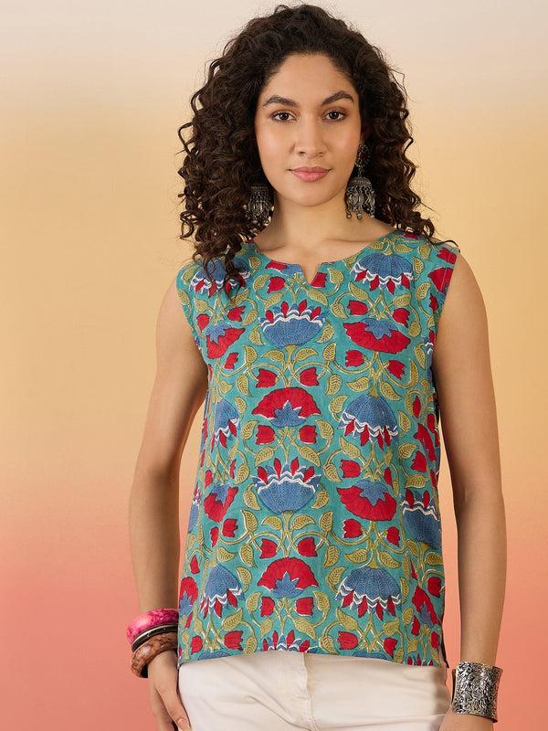 InWeave Teal Red Floral Block Print W/S Top