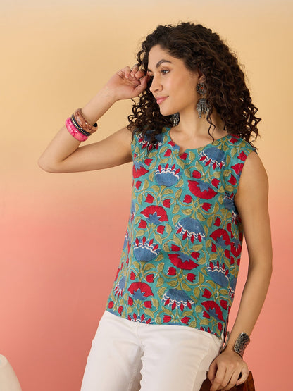 InWeave Teal Red Floral Block Print W/S Top - Distacart