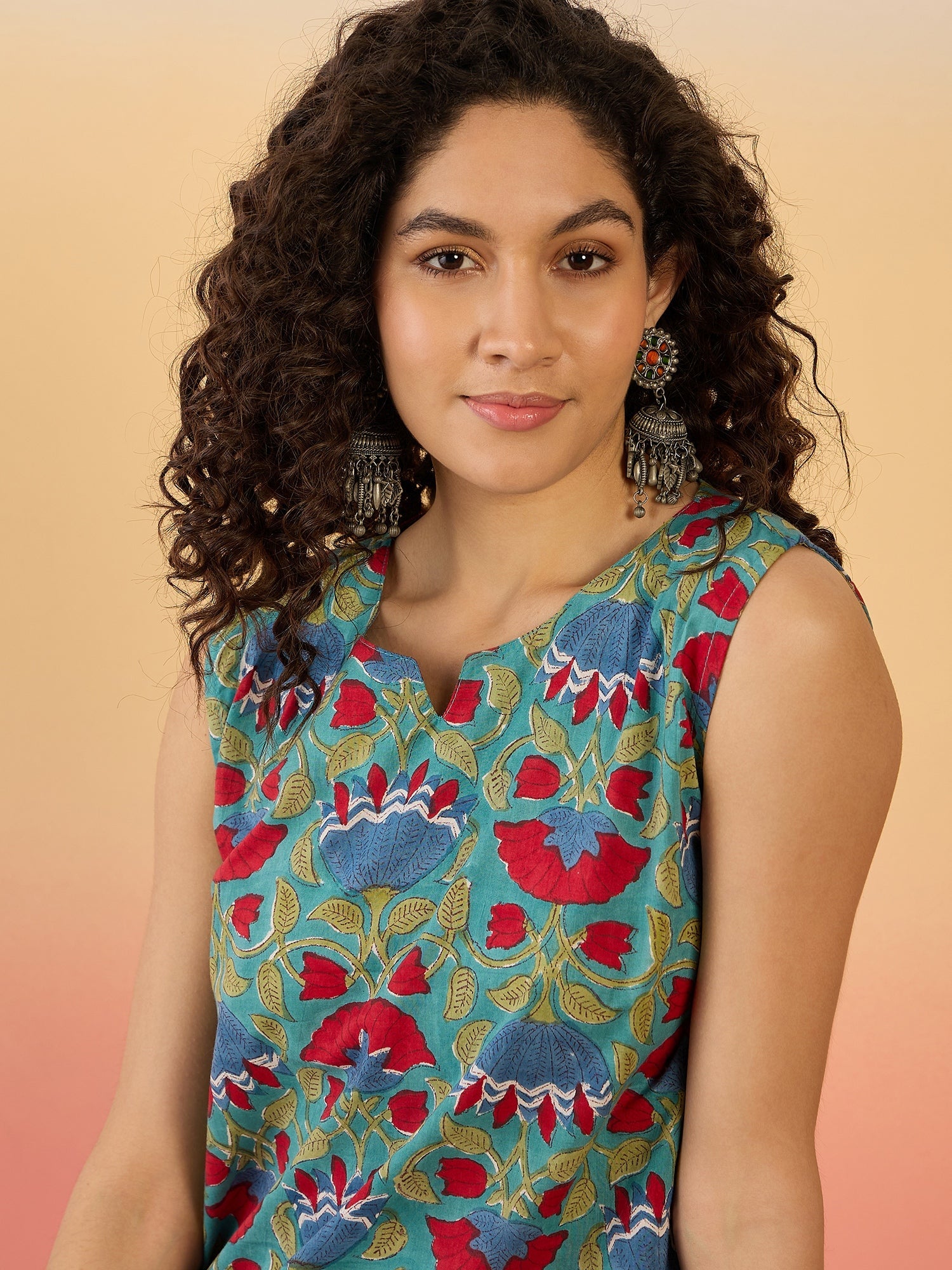 InWeave Teal Red Floral Block Print W/S Top - Distacart