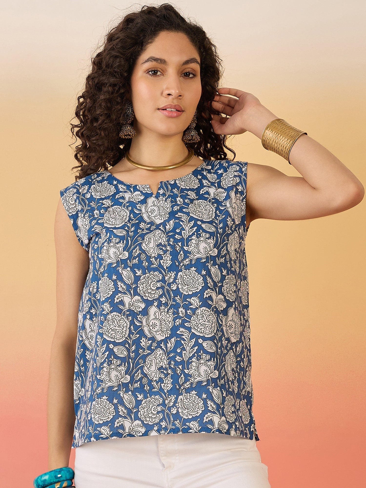 InWeave Blue White Block Print W/S Top - Distacart