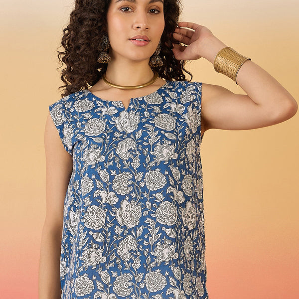 InWeave Blue White Block Print W/S Top - Distacart