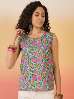Thumbnail for InWeave Sky Blue Pink Rose Jaal W/S Top