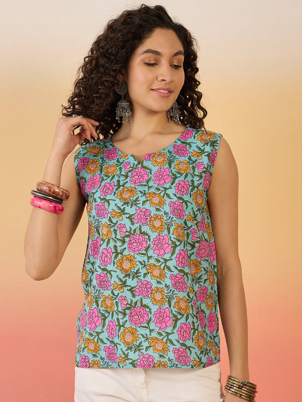 InWeave Sky Blue Pink Rose Jaal W/S Top