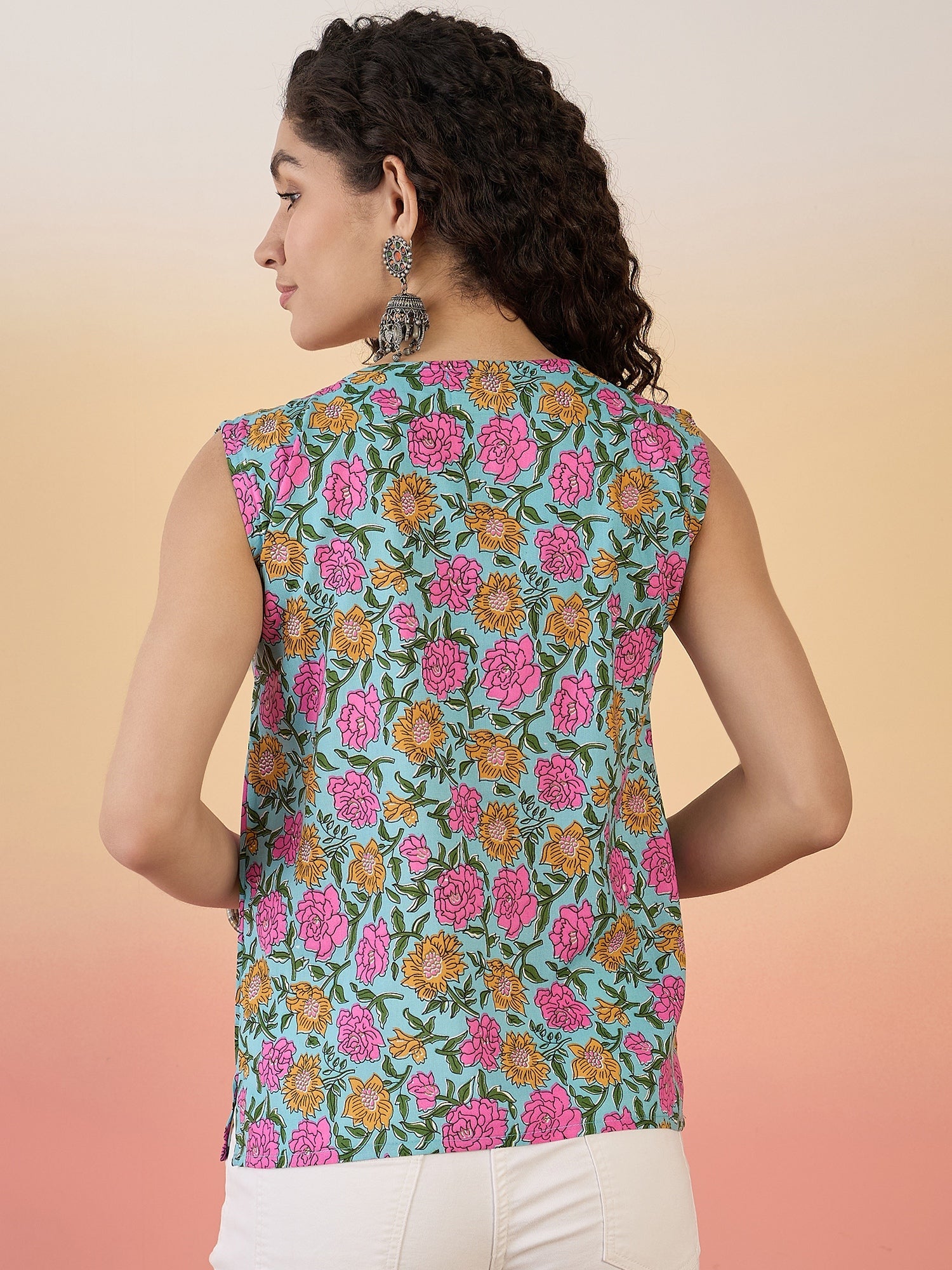 InWeave Sky Blue Pink Rose Jaal W/S Top - Distacart