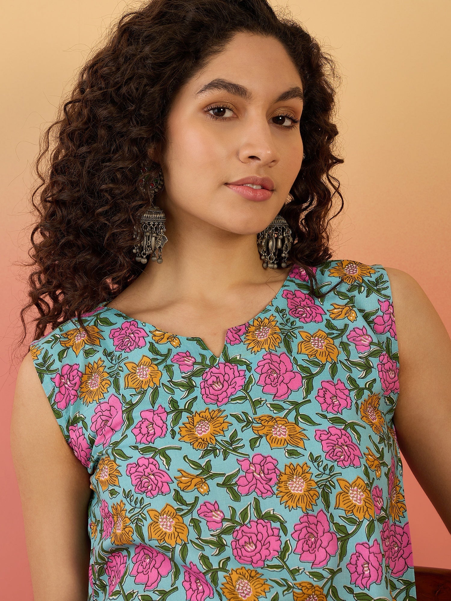 InWeave Sky Blue Pink Rose Jaal W/S Top - Distacart