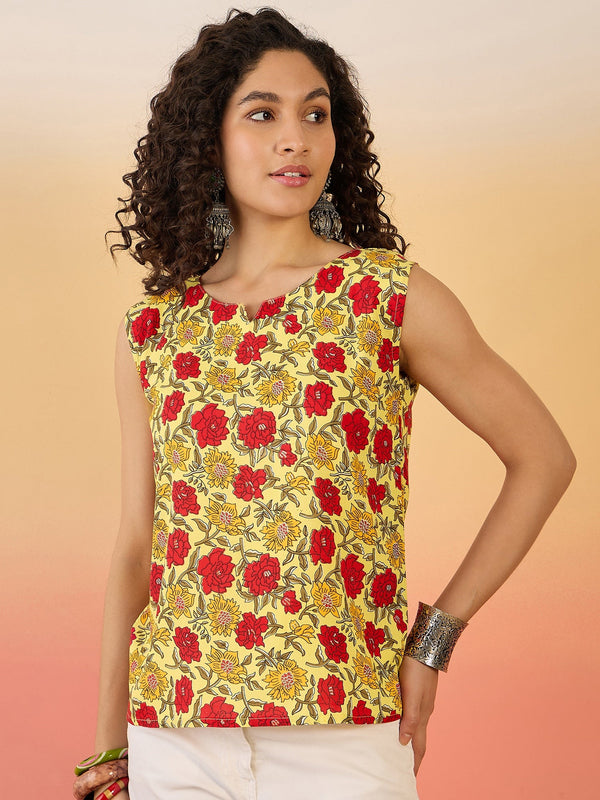 InWeave Butter Yellow Red Rose Jaal W/S Top