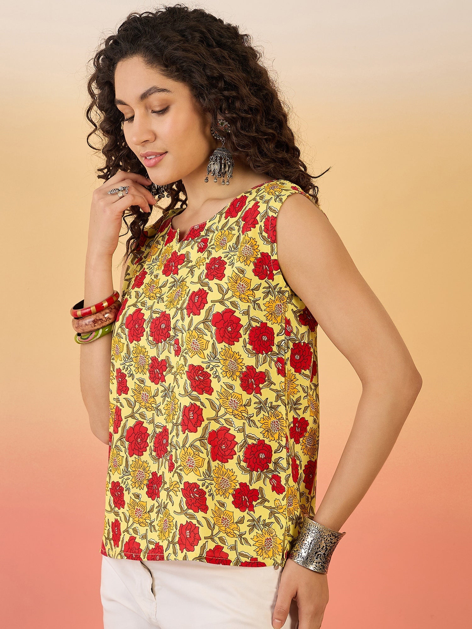 InWeave Butter Yellow Red Rose Jaal W/S Top - Distacart