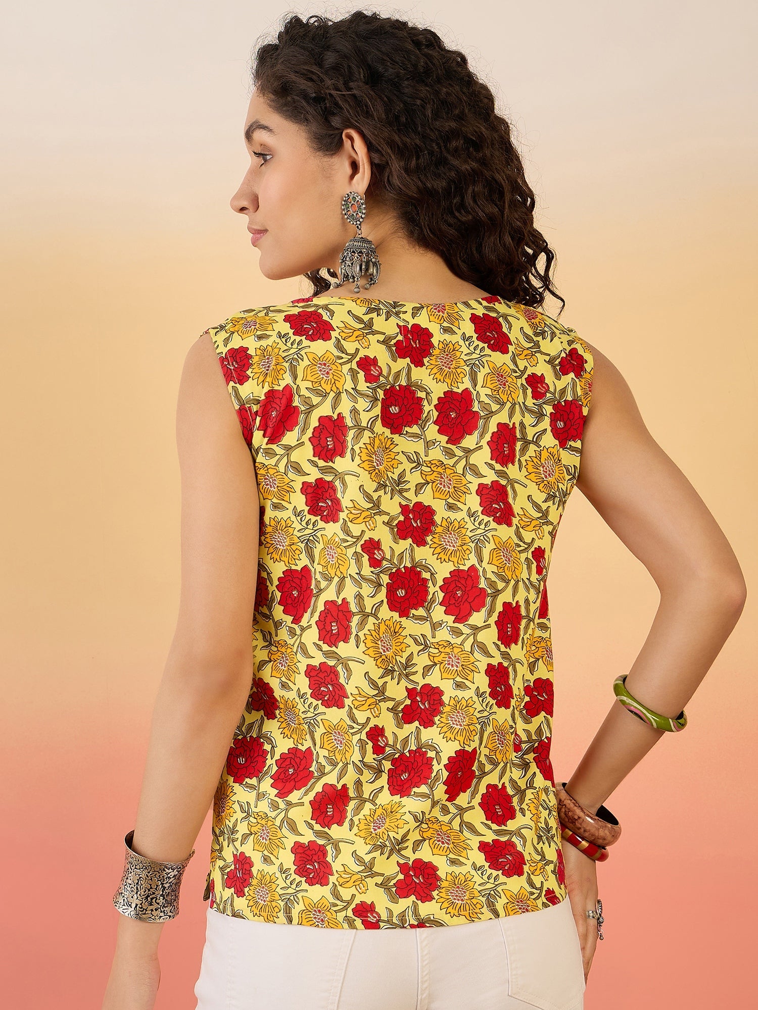 InWeave Butter Yellow Red Rose Jaal W/S Top - Distacart