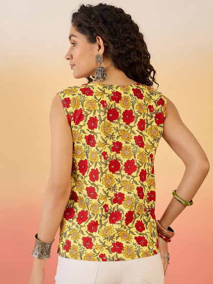 InWeave Butter Yellow Red Rose Jaal W/S Top - Distacart