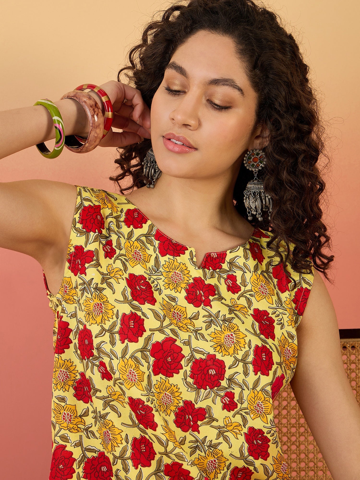 InWeave Butter Yellow Red Rose Jaal W/S Top - Distacart