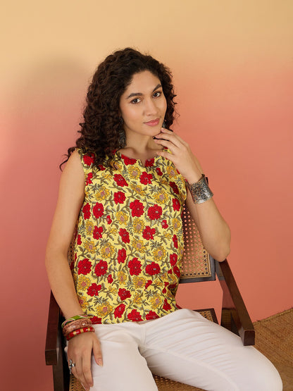 InWeave Butter Yellow Red Rose Jaal W/S Top - Distacart
