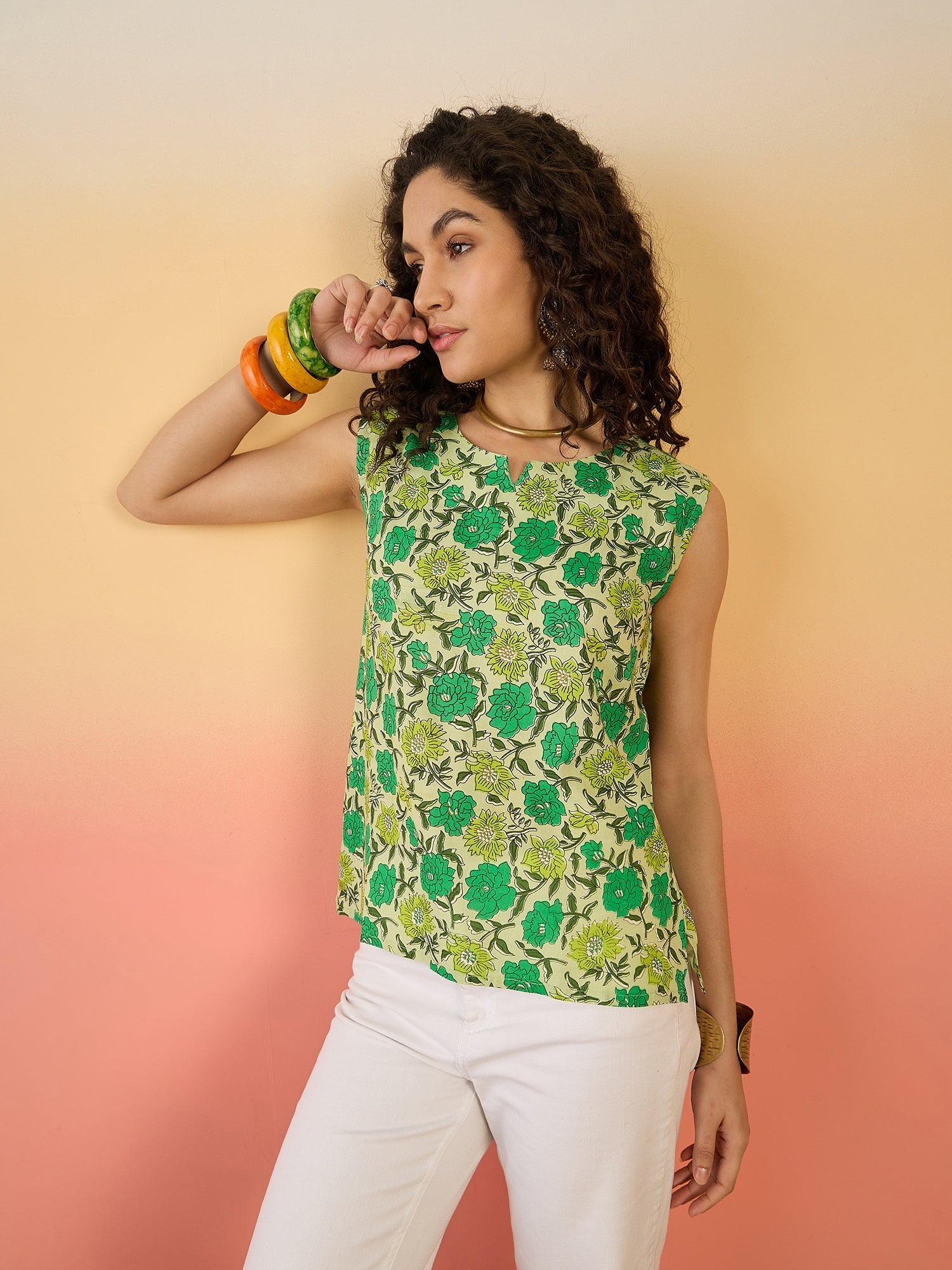 InWeave Pear Green Green Rose Jaal W/S Top - Distacart