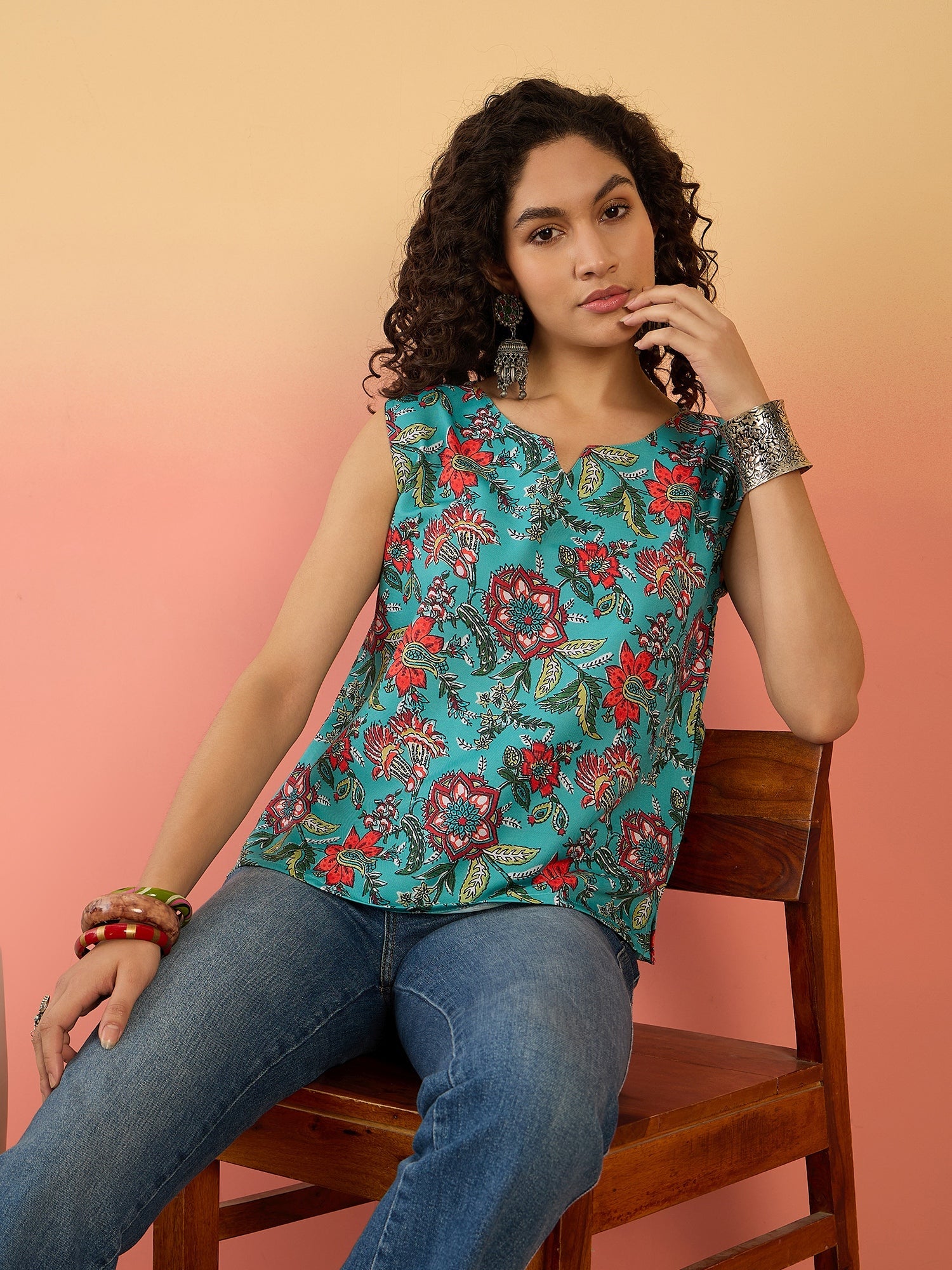 InWeave Teal Floral Print W/S Top - Distacart