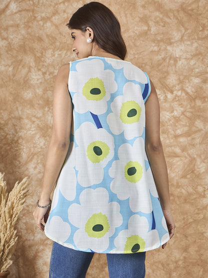 InWeave Skyblue Big Print V Neck Top - Distacart