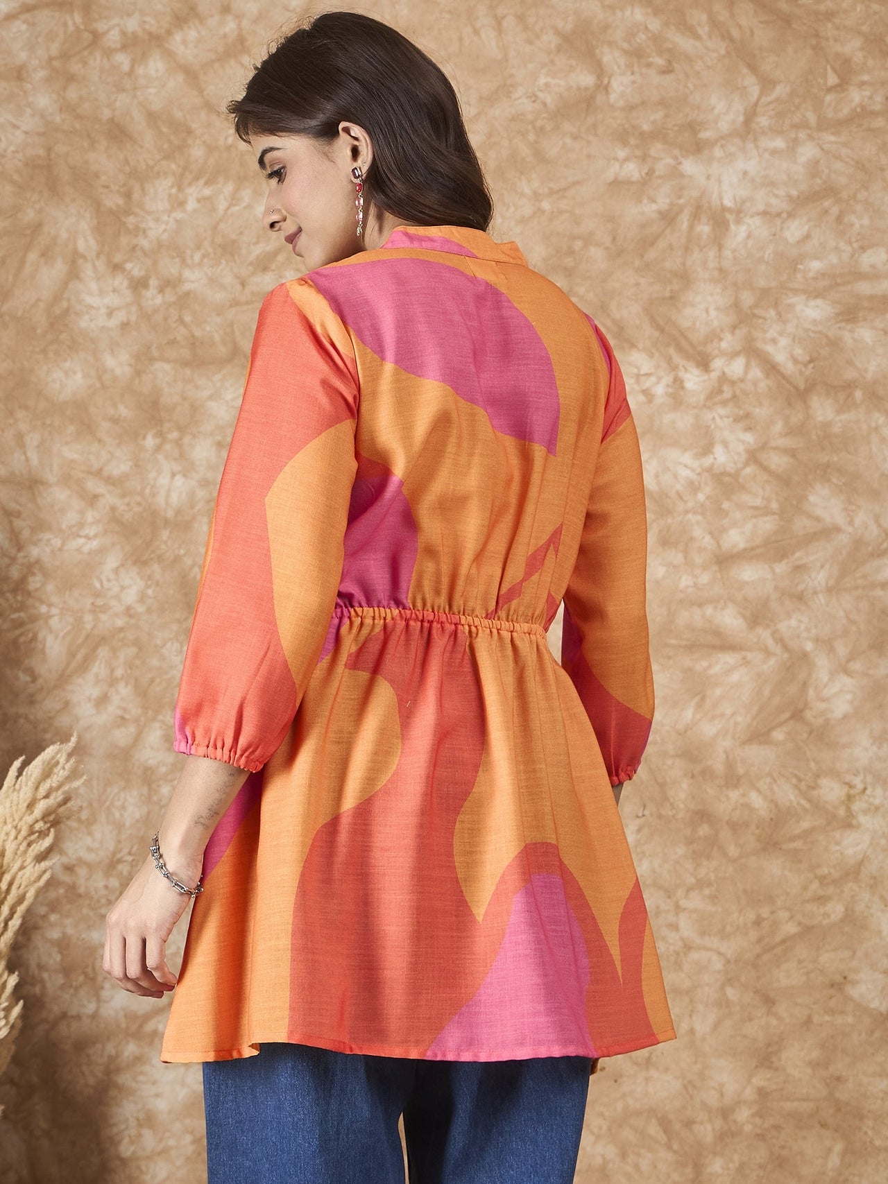 InWeave Peach Orange Print Mandarin Top