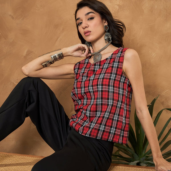 InWeave Red Black Check Sleeveless Top - Distacart
