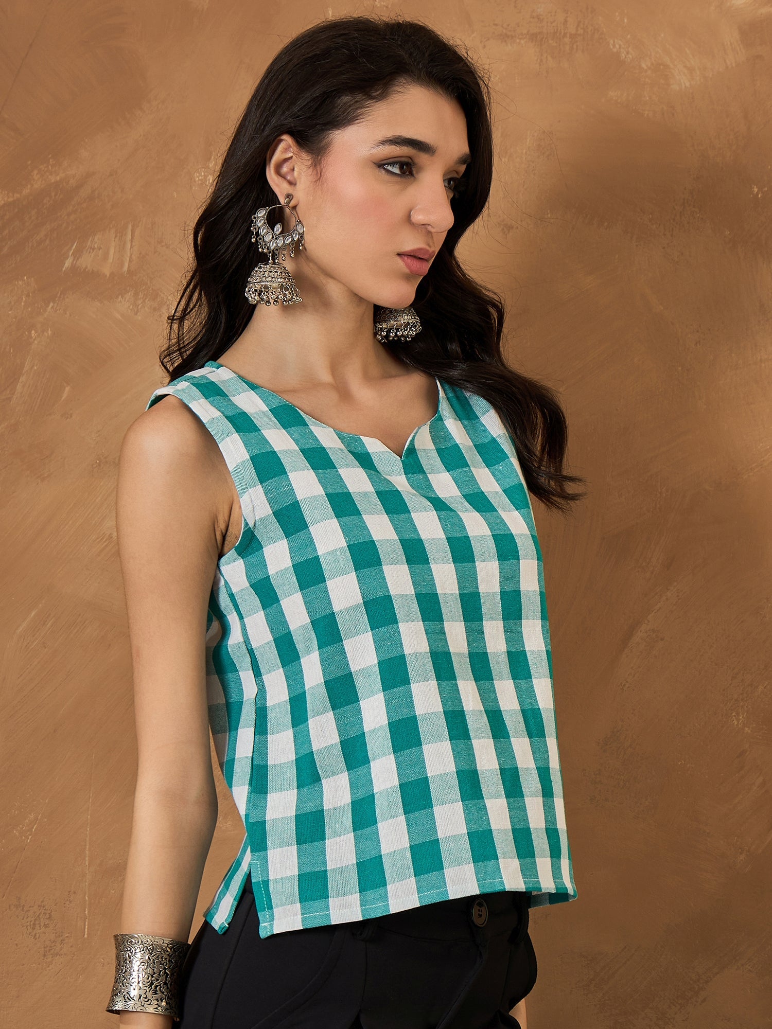 InWeave Light Blue Big Check Sleeveless Top - Distacart