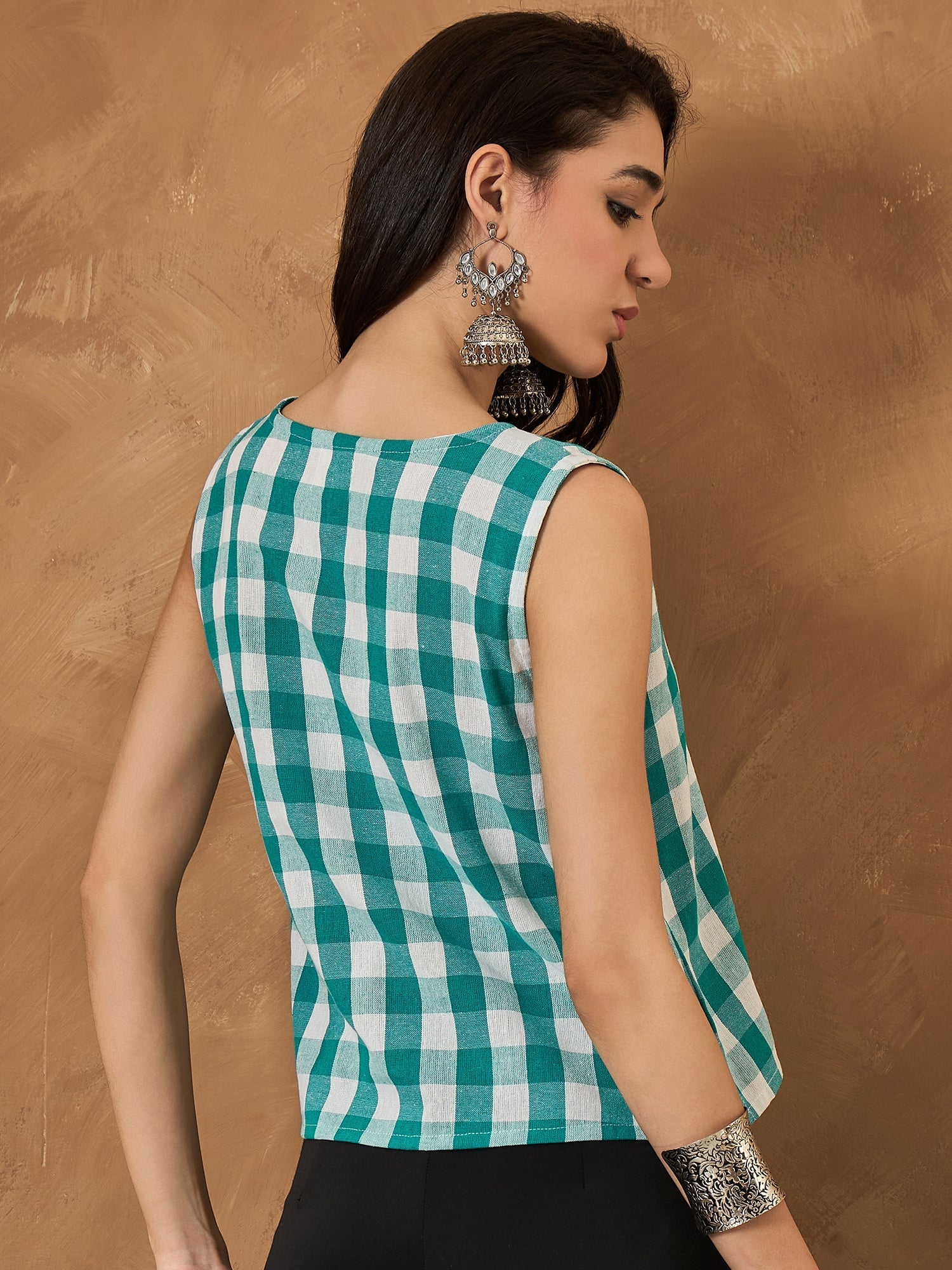 InWeave Light Blue Big Check Sleeveless Top - Distacart