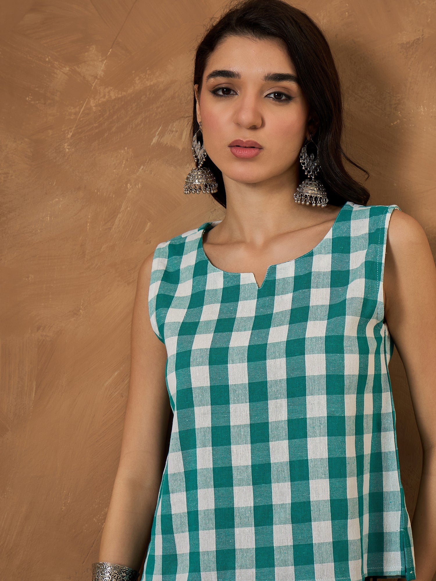 InWeave Light Blue Big Check Sleeveless Top - Distacart
