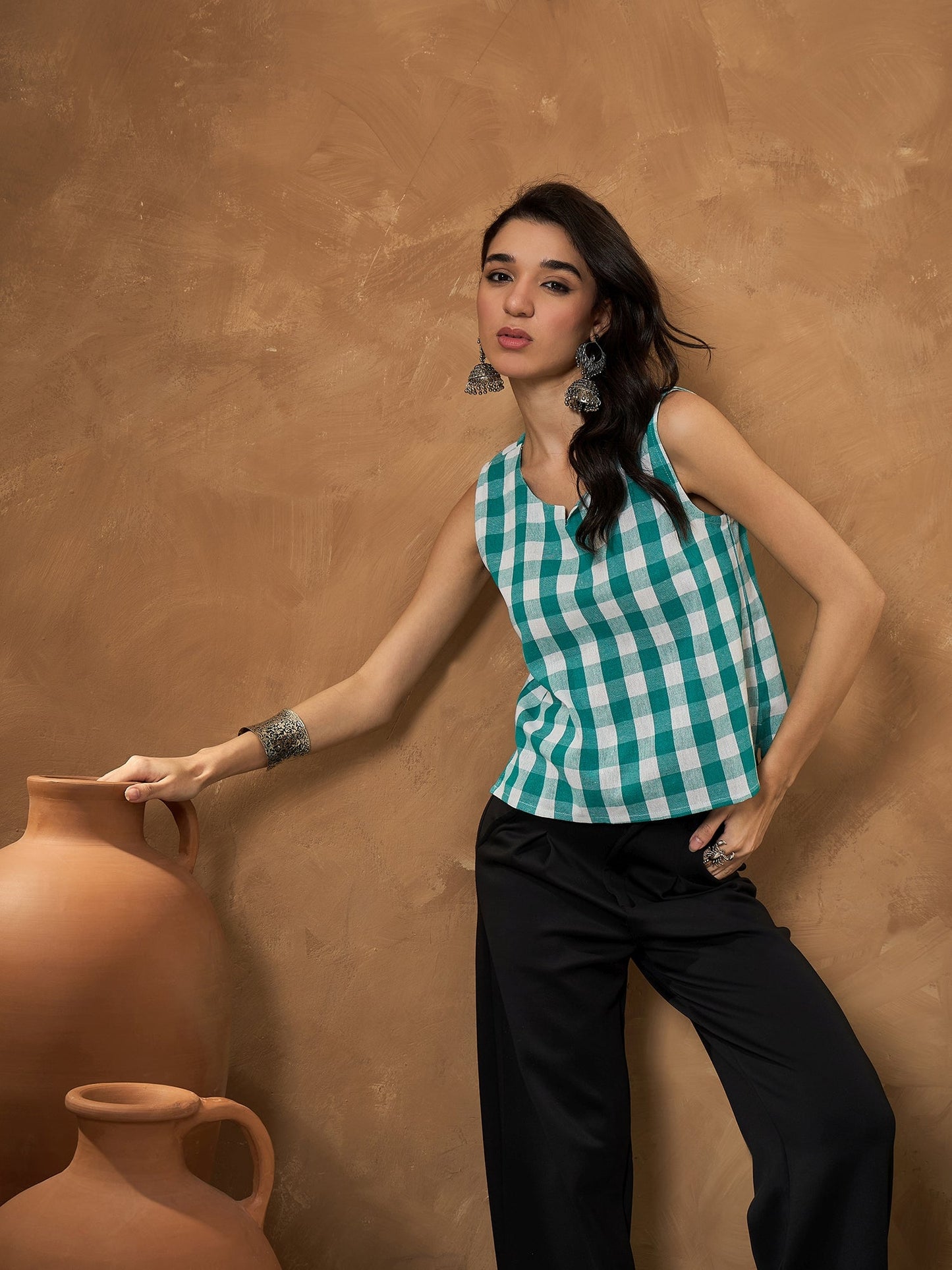 InWeave Light Blue Big Check Sleeveless Top - Distacart