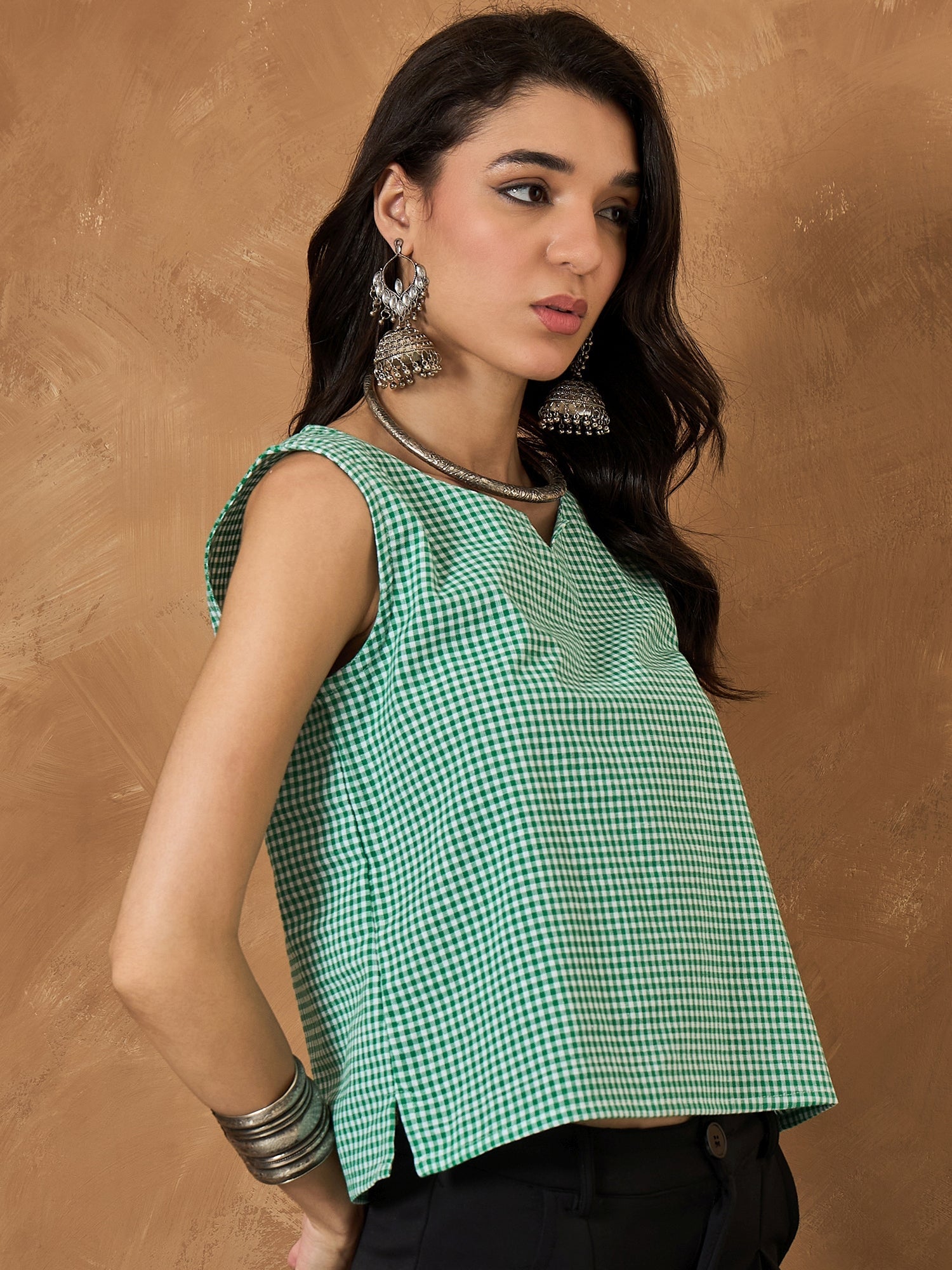 InWeave Green Small Check Sleeveless Top - Distacart
