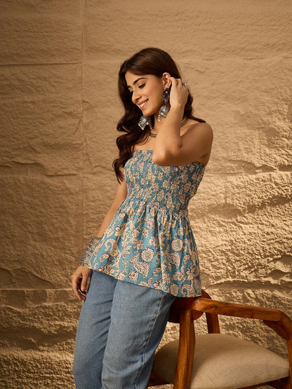 InWeave Steel Blue Floral Off Shoulder Top - Distacart