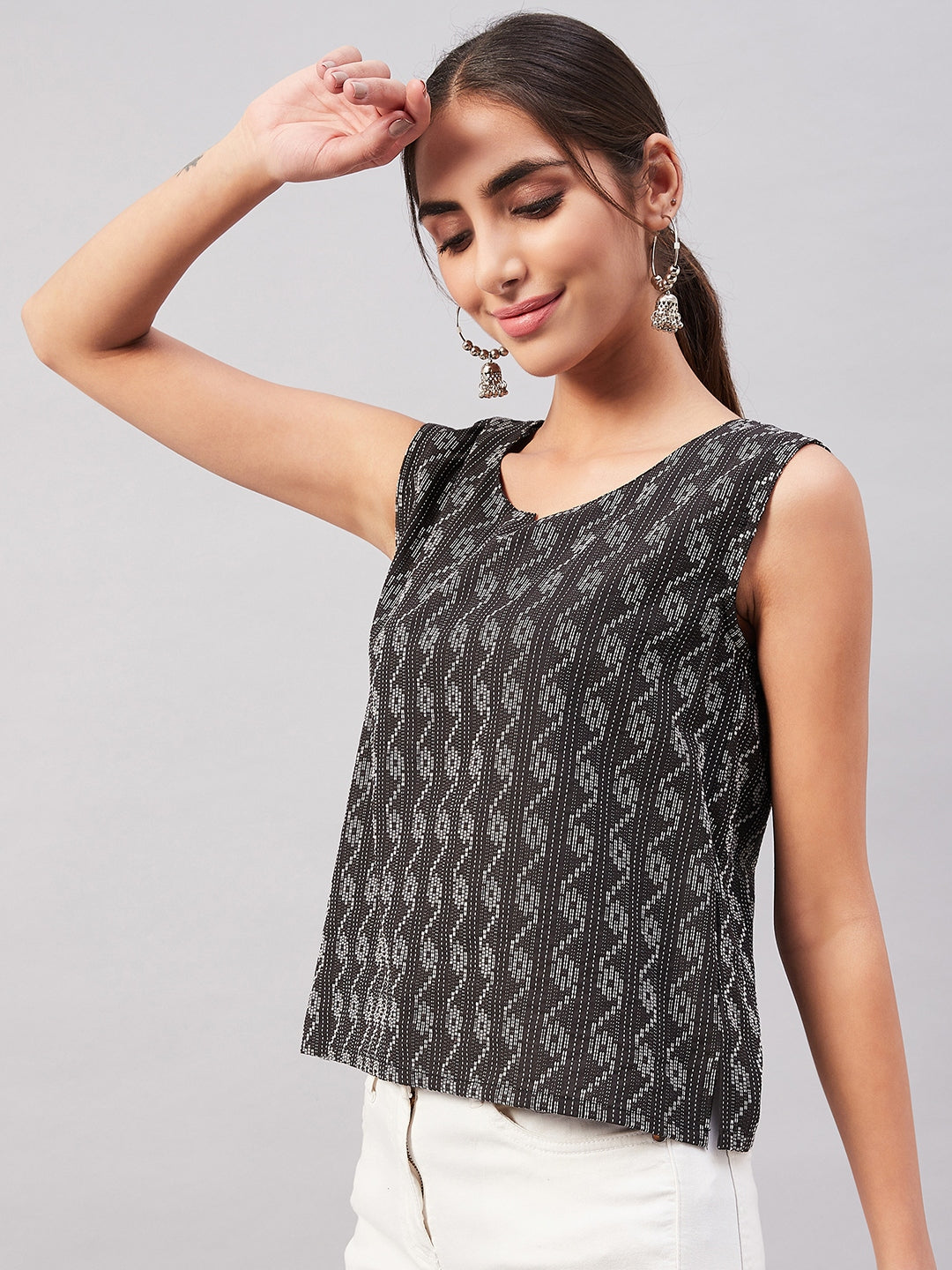 InWeave Black Kantha Ikkat Print W/U Top - Distacart