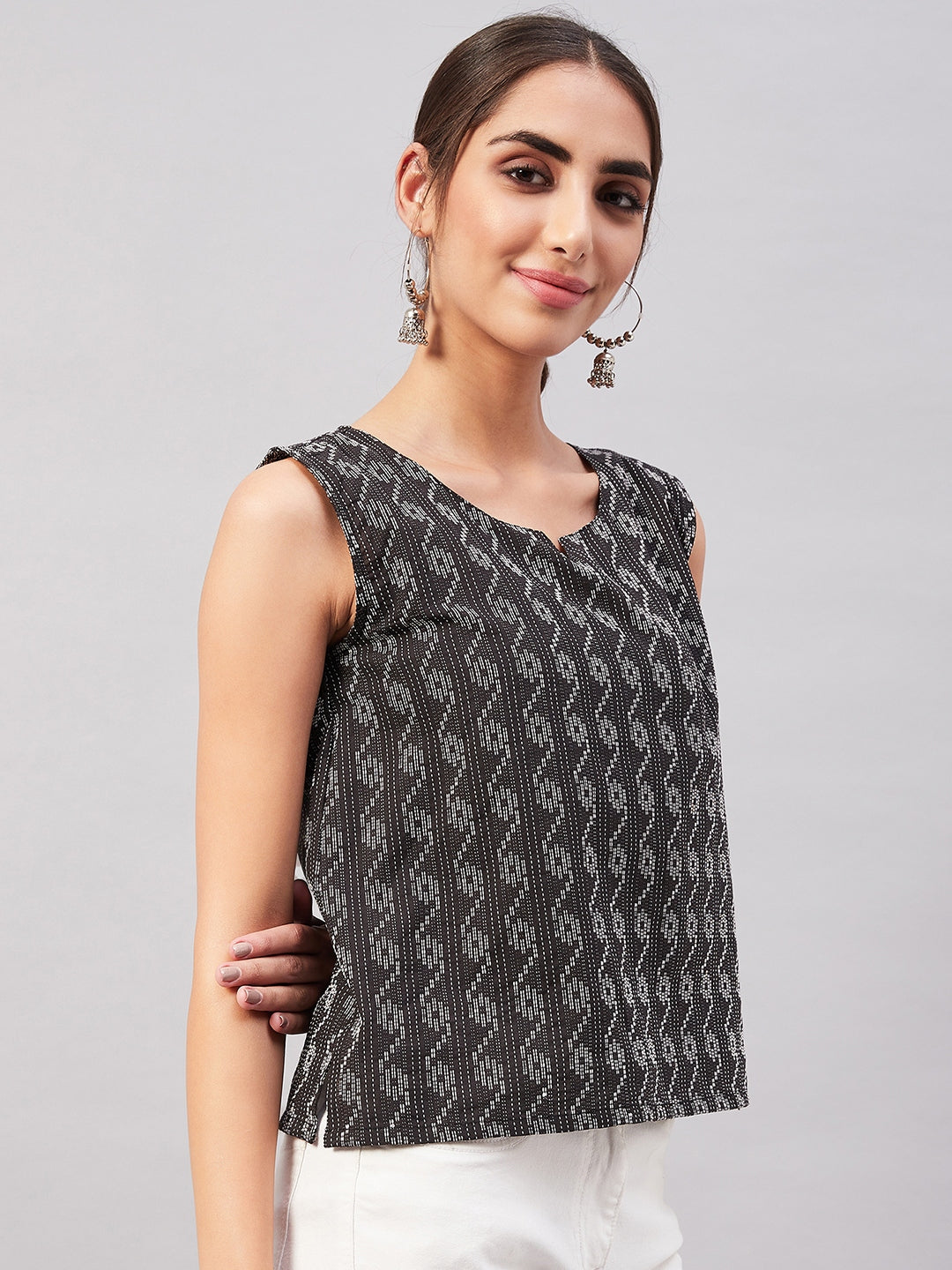 InWeave Black Kantha Ikkat Print W/U Top - Distacart