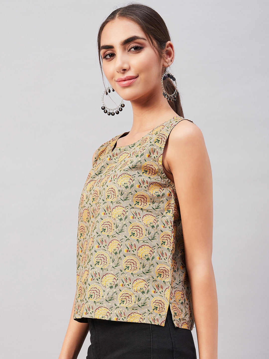 InWeave Grey Gold Floral W/U Top - Distacart