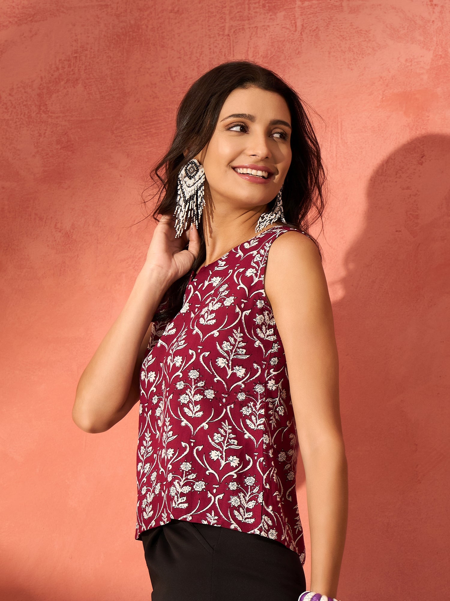 InWeave Wine Cream Floral Print W/U Top - Distacart