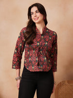 Thumbnail for InWeave Coral Red Abstract Printed Shawl Neck Top