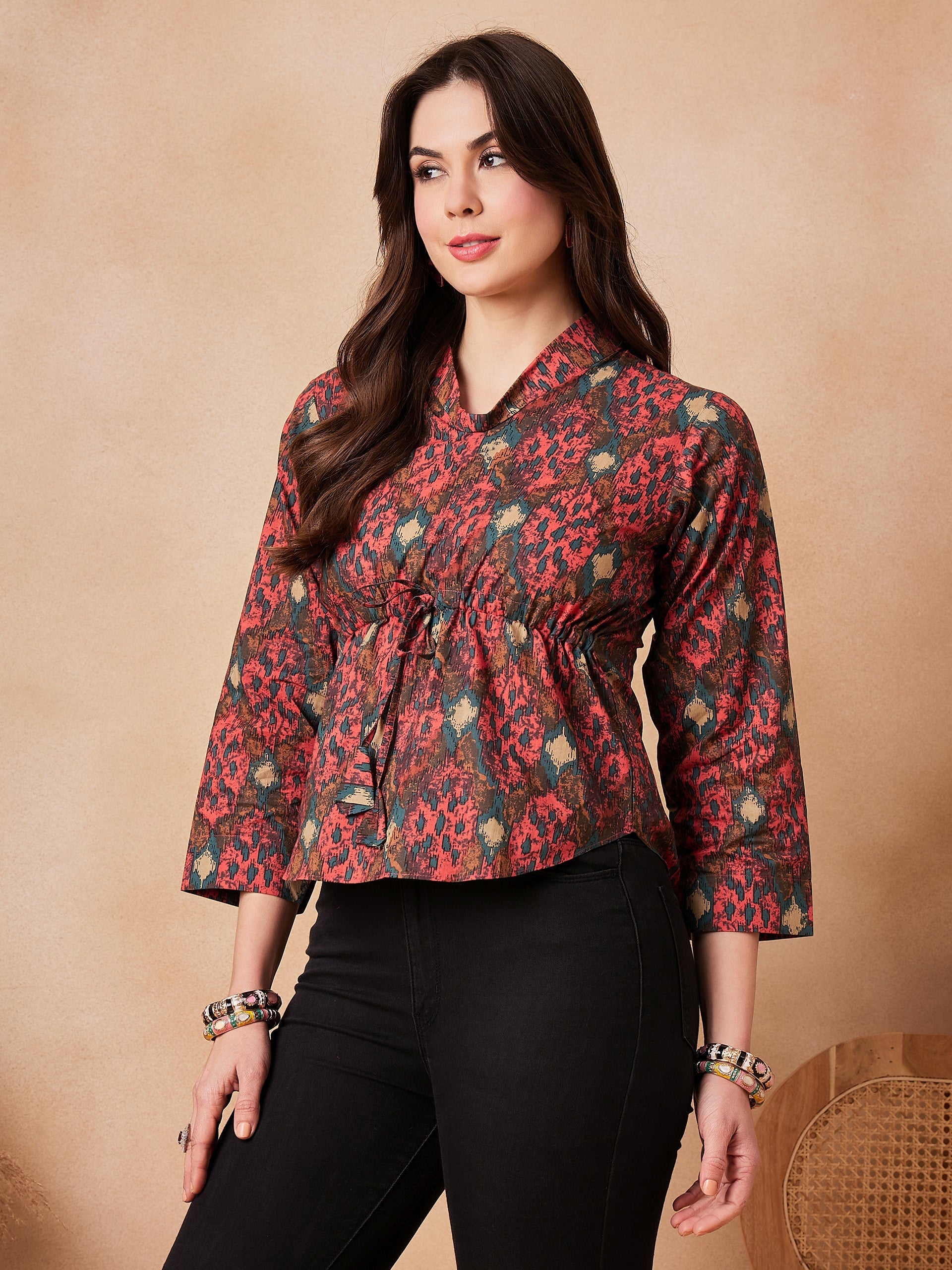 InWeave Coral Red Abstract Printed Shawl Neck Top