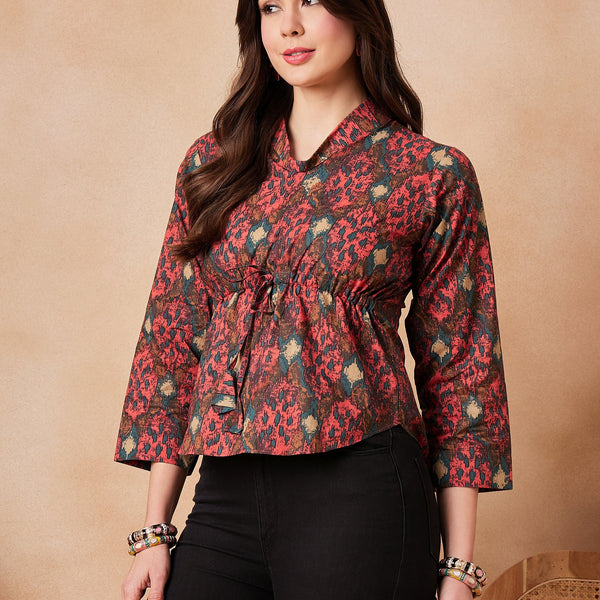 InWeave Coral Red Abstract Printed Shawl Neck Top - Distacart