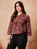 InWeave Coral Red Abstract Printed Shawl Neck Top - Distacart