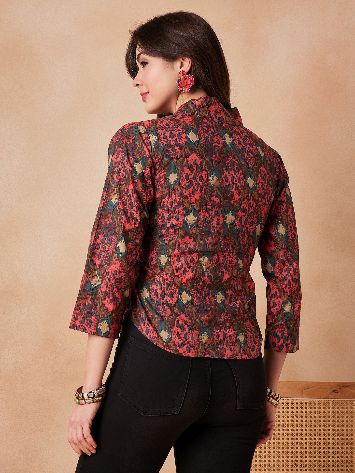 InWeave Coral Red Abstract Printed Shawl Neck Top - Distacart