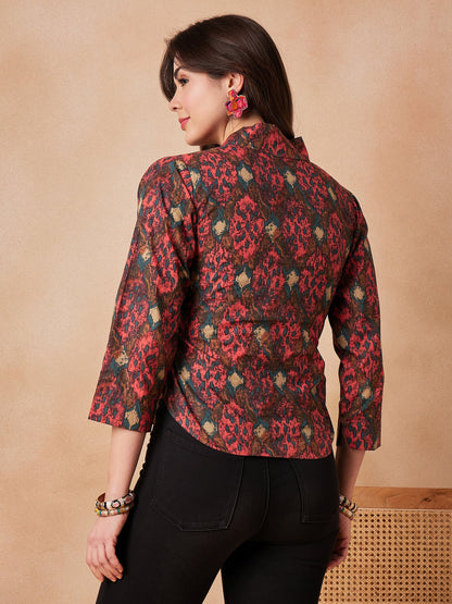 InWeave Coral Red Abstract Printed Shawl Neck Top - Distacart