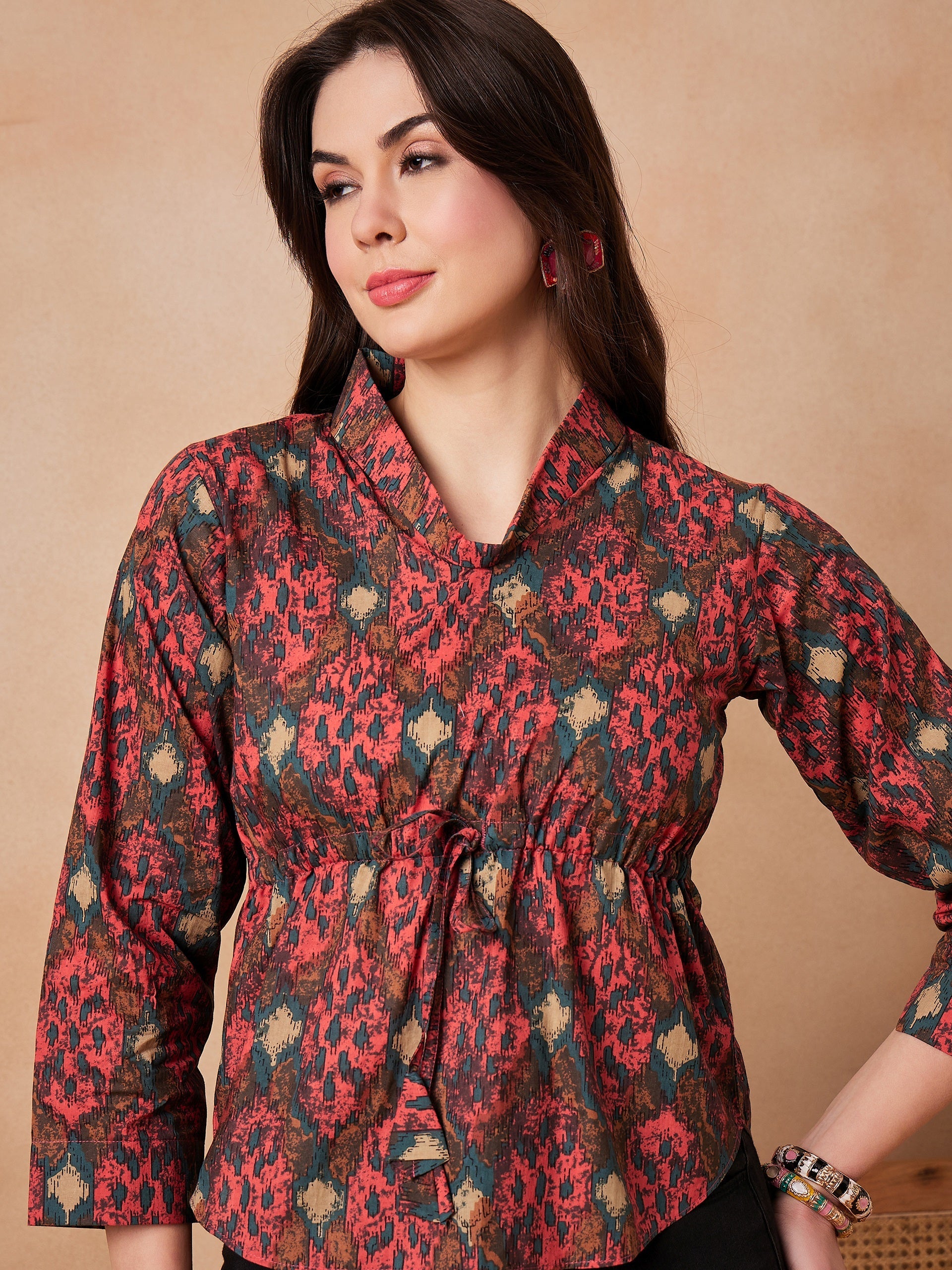 InWeave Coral Red Abstract Printed Shawl Neck Top - Distacart