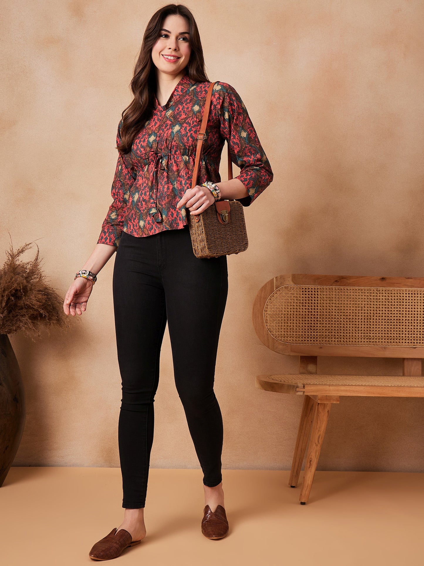 InWeave Coral Red Abstract Printed Shawl Neck Top - Distacart