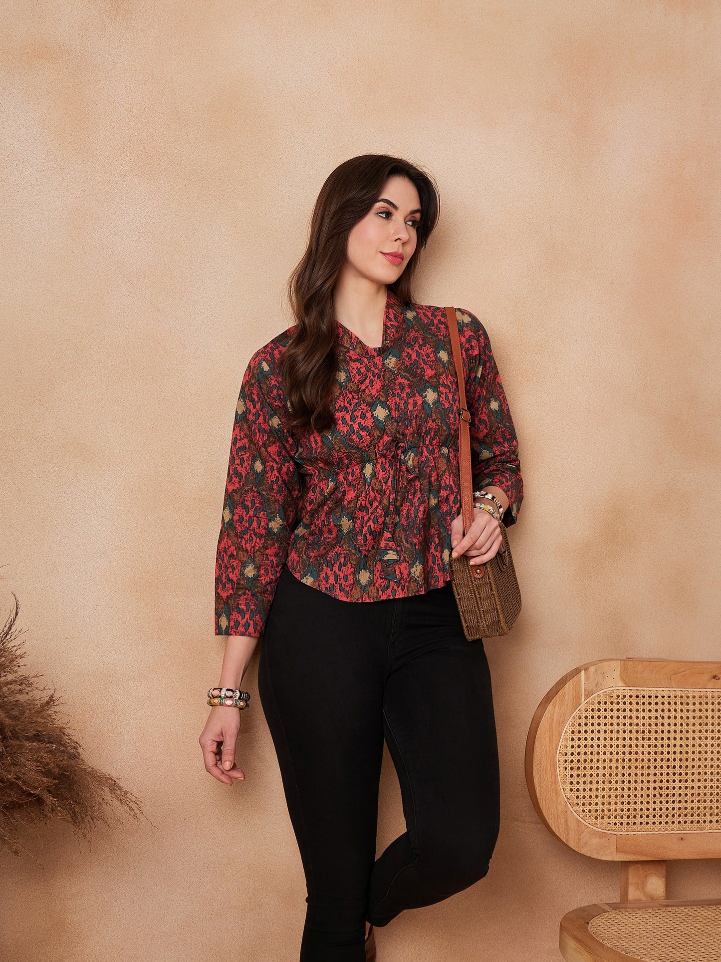 InWeave Coral Red Abstract Printed Shawl Neck Top - Distacart
