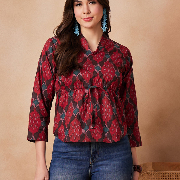 InWeave Red Abstract Printed Shawl Neck Top - Distacart