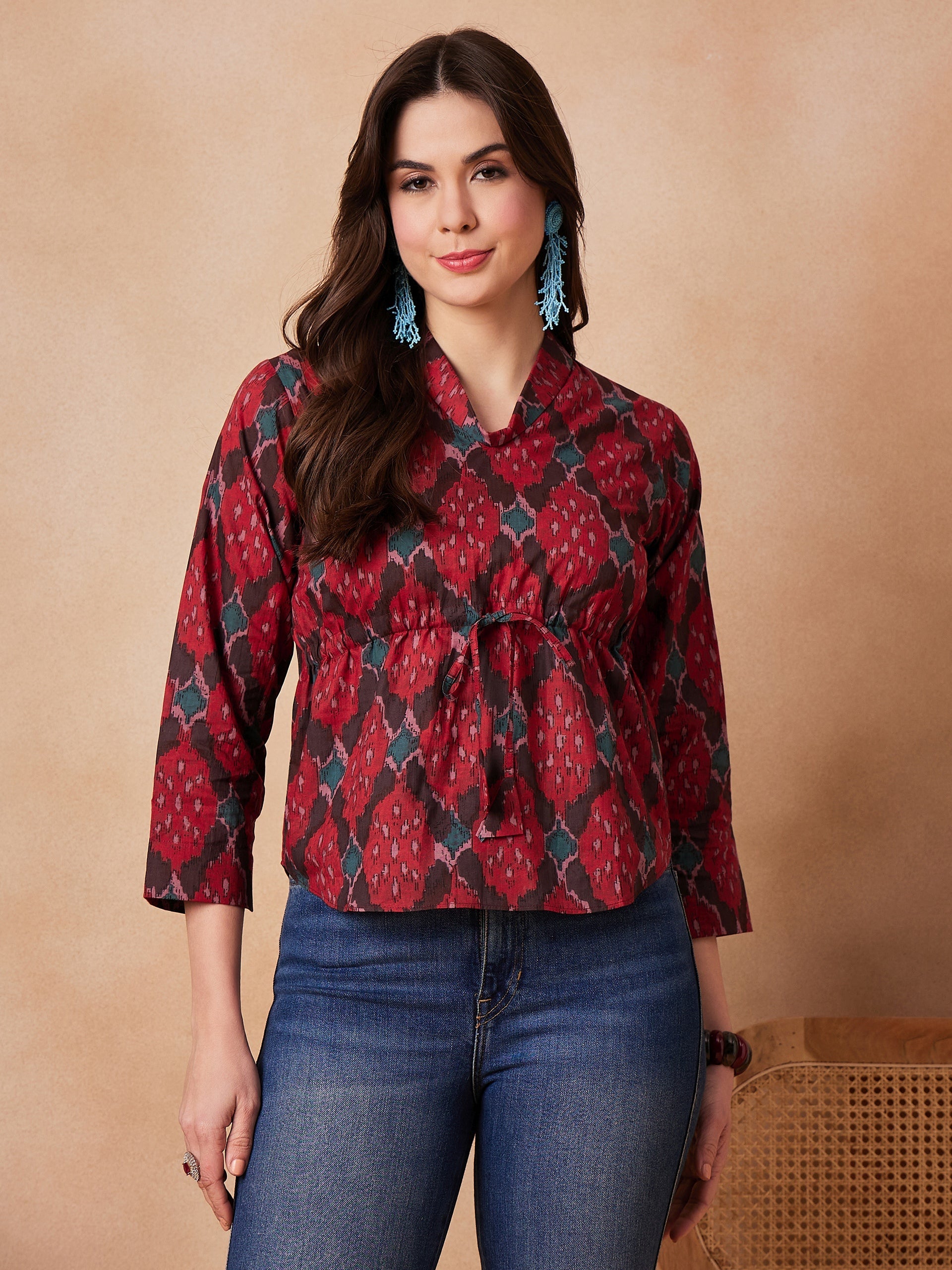 InWeave Red Abstract Printed Shawl Neck Top - Distacart