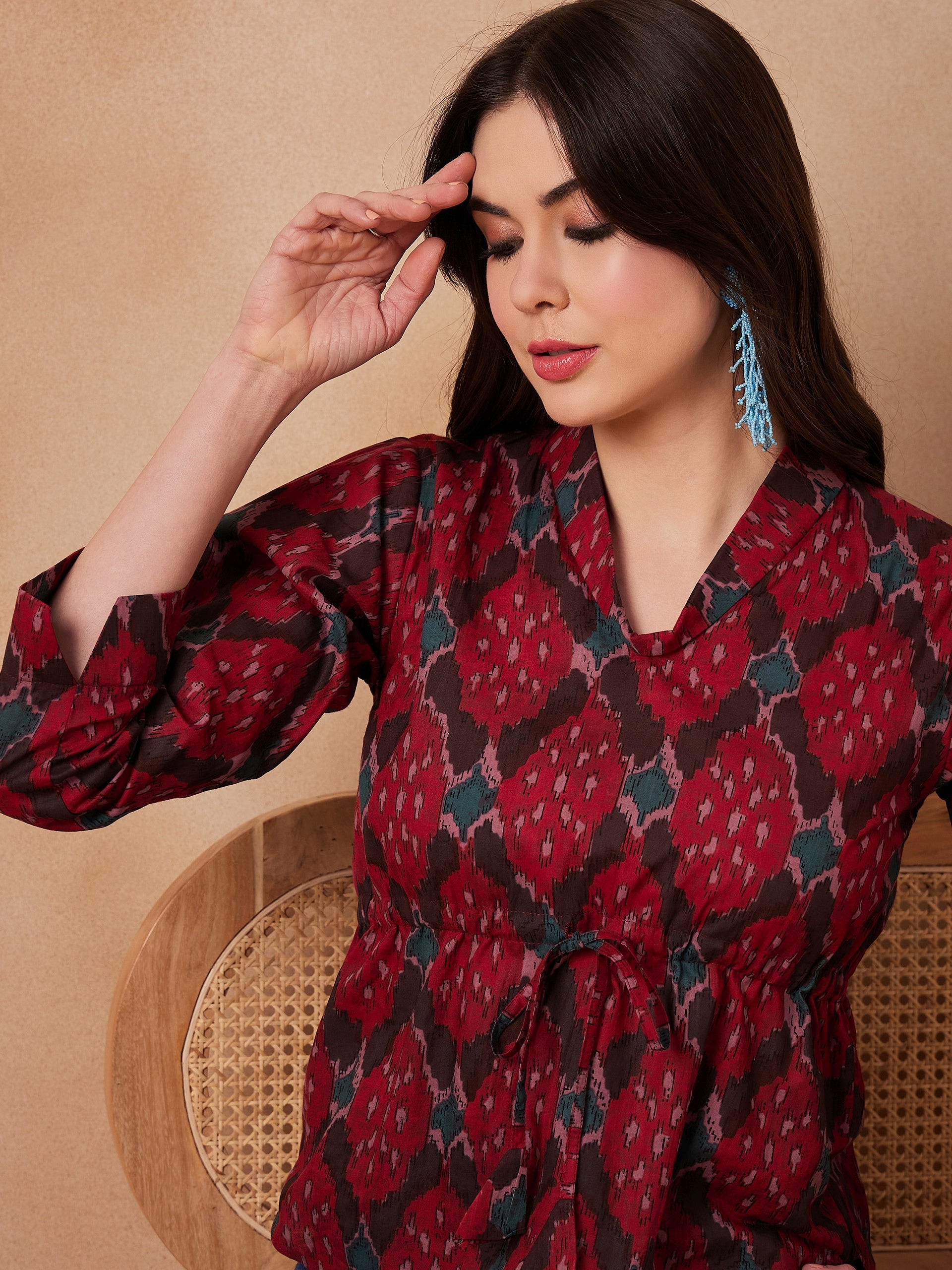InWeave Red Abstract Printed Shawl Neck Top - Distacart