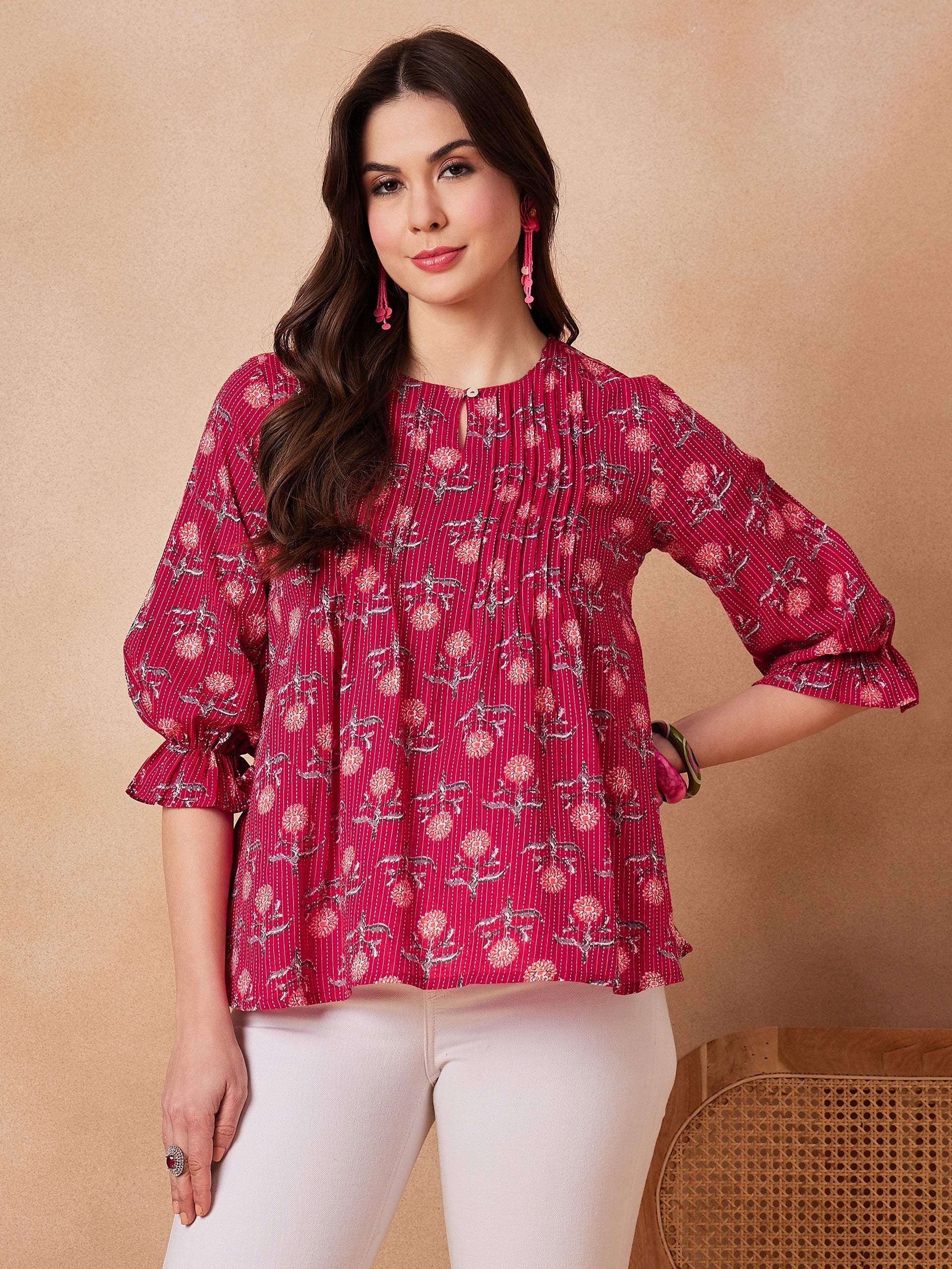 InWeave Red Kantha Floral Print Front Pintex Top
