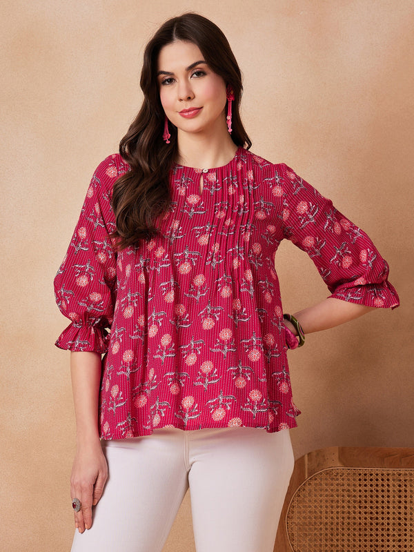 InWeave Red Kantha Floral Print Front Pintex Top