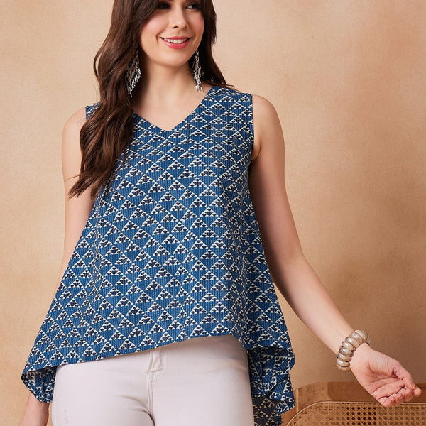 InWeave Blue Pyramid Kantha High Low W/S Top - Distacart