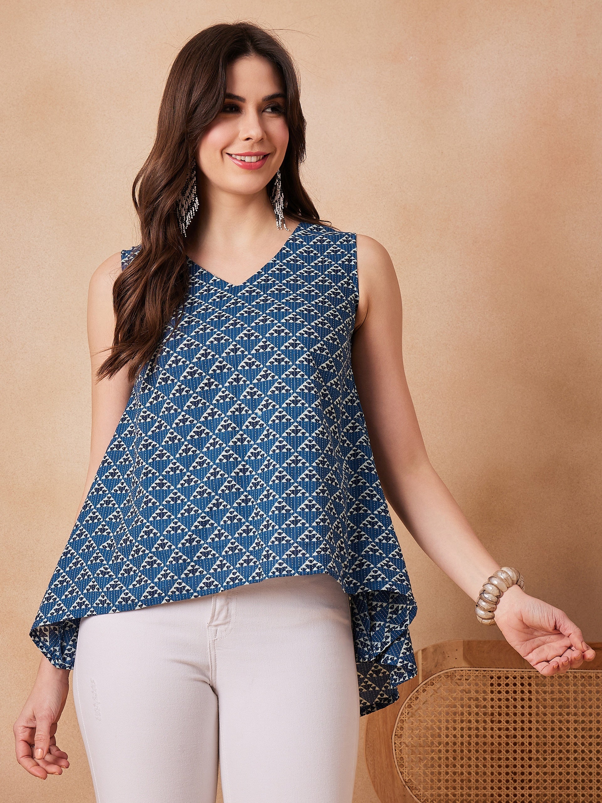 InWeave Blue Pyramid Kantha High Low W/S Top - Distacart