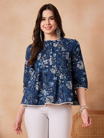 Thumbnail for InWeave Indigo Floral Mandarin Neck Button Top