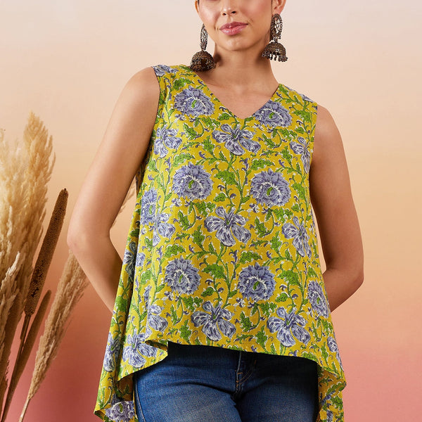 InWeave Sunset Yellow Floral Print V Neck W/S Top - Distacart