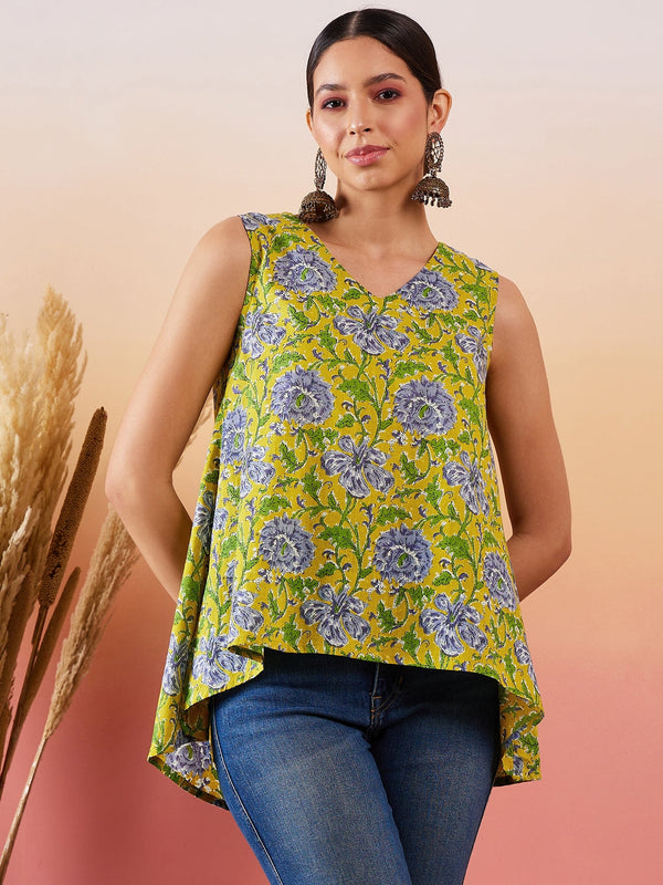 InWeave Sunset Yellow Floral Print V Neck W/S Top